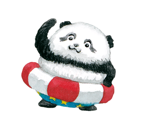 7月のうごくパンダくん「ベビーパンダちゃんうきわをつけて準備体操」