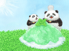 「ミントかき氷を食べるパンダくん」の画像