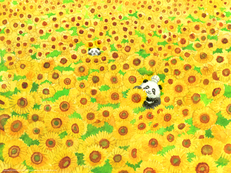 「ひまわり畑でかくれんぼするパンダくん」の画像